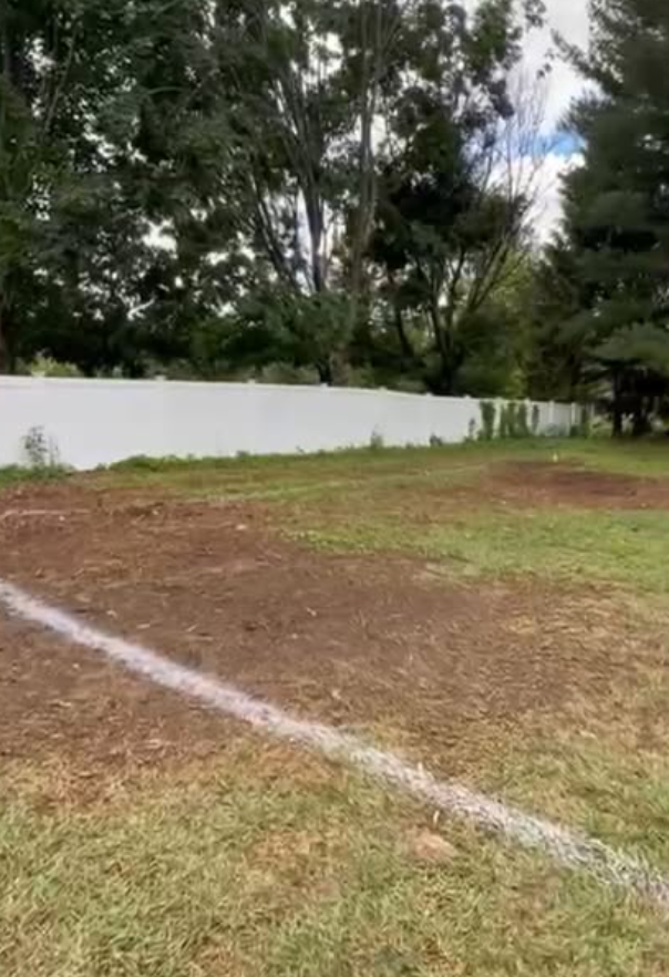 Backyard before installation — bare, patchy ground marked for turf
